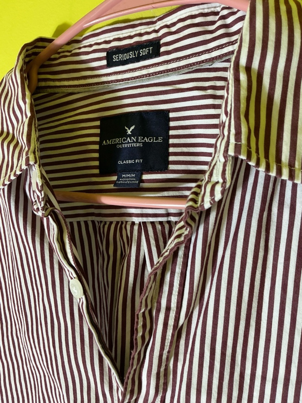 American Eagle Outfitters Men’s Maroon & White Striped Button-Down Shirt